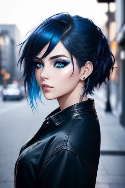 hermosa chica, retrato de medio cuerpo, Cabello corto y despeinado azul brillante, sombra de ojos negra, (Ropa de estilo callejero:1.2), (Fondo de la ciudad:1.2), maquillaje oscuro, arte digital, tendencia en artstation, highly detallado, buen detalle, Intrincado,  beautiful detallado glow, detallado, luz cinemática, alta resolución, detallado facial features,enfoque nítido, Liso, Estético,