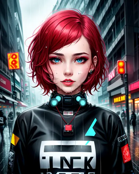 1girl, half body portrait, short bright red disheveled hair, blue detailed eyes, neon night, (dog tags:1.2), (aggrotech:1.4), heavy rain, water splashes, wet skin, black eyeshadow, (street style wear:1.2), (city background:1.2), dark makeup, digital art, trending on artstation, highly detailed, fine detail, intricate,beautiful detailed glow, detailed, Cinematic light, intricate detail, highres, detailed facial features, high detail, sharp focus, smooth, aesthetic, extremely detailed, (its raining:1.1), RAW photo,(high detailed skin:1.2), 8k uhd, dslr, soft lighting, high quality, film grain, Fujifilm XT3