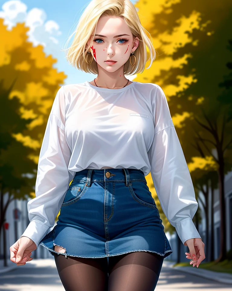 Schamane240, android 18, 1 Mädchen, black Strumpfhose, black Hemd, blondes Haar, Blut, Blut on face, blaue Augen, Brüste, geballte Hände, geschlossener Mund, Wolke, Cowboy-Schuss, Schnitte, Tag, Denim, Ohrringe, Verletzung, Schmuck, lange Ärmel, medium Brüste, Nase, draußen, Strumpfhose, Realistisch, Hemd, kurzes Haar, Rock, Himmel, Allein, Zerrissene Kleidung, torn Strumpfhose, torn Hemd, (Meisterwerk), (beste Qualität), (ultra-detailliert), (beste Illustration), (bester Schatten), (eine äußerst zarte und schöne), RAW-Foto,(hochdetaillierte Haut:1.2), 8k uhd, dslr, sanfte Beleuchtung, gute Qualität, Filmkorn, Fujifilm XT3