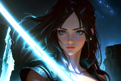 best quality, (wide shot), cgsociety, 8k, ultrarealistic, a beautiful jedi knight with a lightsaber in hand stands next to a cliff, star wars, Cinematic light, intricate detail, detailed facial features, high detail, sharp focus, smooth, aesthetic, extremely detailed, (by greg rutkowski:1), (by luis royo:1), by artgerm, Stephen Kasner, John Picacio