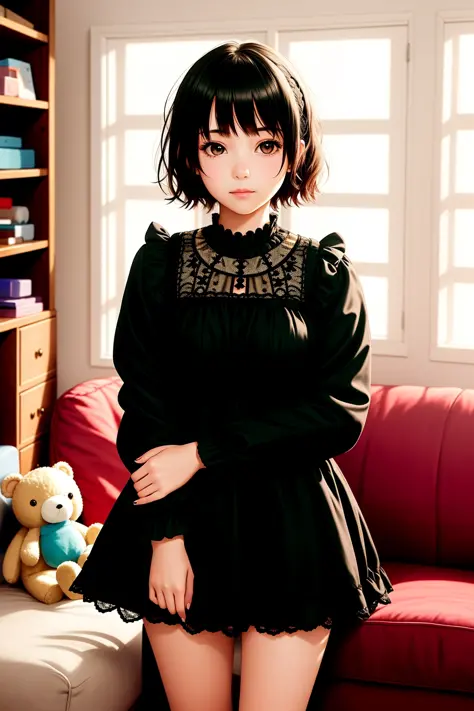 young woman with tired eyes standing in a personal study, cute, short hair, couch, lots of stuffed toys and various clutter and mess in background, intricate, highly detailed, gothic dress