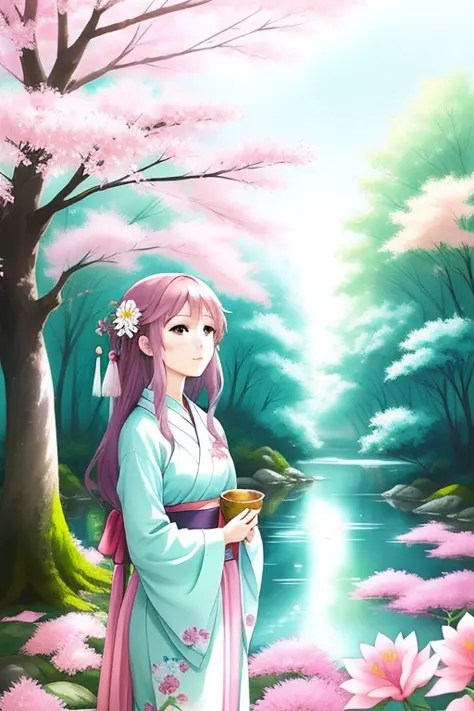 women in a japanese, forest, mystic, beautiful, calm, flowers, flowy, trees, chinese, anime, pastel, light