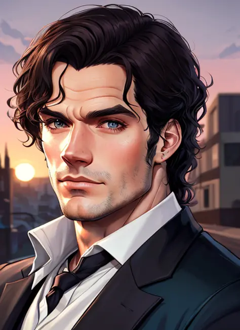 retrato frontal de guapo (Henry Cavill:1) como un híbrido de hombre lobo y drácula  ,  estoico, aspecto suave, cabello de aspecto fino,  Cara perfecta, ojos detallados, fondo de la ciudad al atardecer, Inspirado en la portada de Heartstone GTA5, | oficial behance hd artstation por Jesper Ejsing, por rhads, Makoto Shinkai, manos