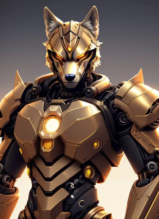 Alpha Wolf – der futuristische biomechanische Android,  schönes natürliches weiches Licht, Felgenlicht, goldene fraktale Einzelheiten, metallische feine Spitze, muskulös, Mandelbot fraktal anatomisch, Diamant, Gesichtsmuskeln, elegant, Extrem detailliert, metallic armor, octane render, Hände