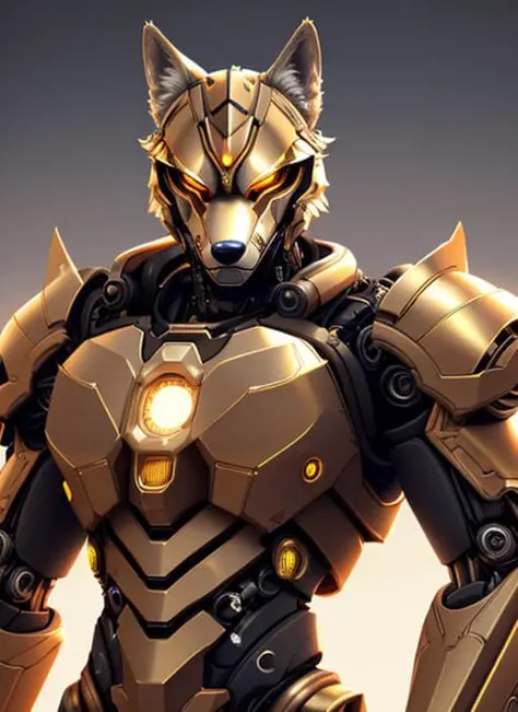 Alpha Wolf - el androide biomecánico futurista,  hermosa luz natural suave, Luz de llanta, detalles fractales de oro, Encaje fino metálico, muscular, mandelbot fractal anatómico, diamante, músculos faciales, elegant, ultra detallado, armadura metalica, renderizado de octanaje, manos