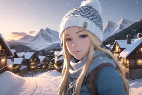 mountainous alpine village at sunset, gorgeous blonde girl with long hair, wearing white beanie and scarf, wearing blue snow jac...
