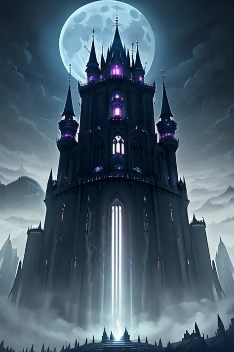 black majestic fantasy fortress under a pale moon engulfed in arcane fog trails in the style of marcin rubinkowski, greg rutkows...