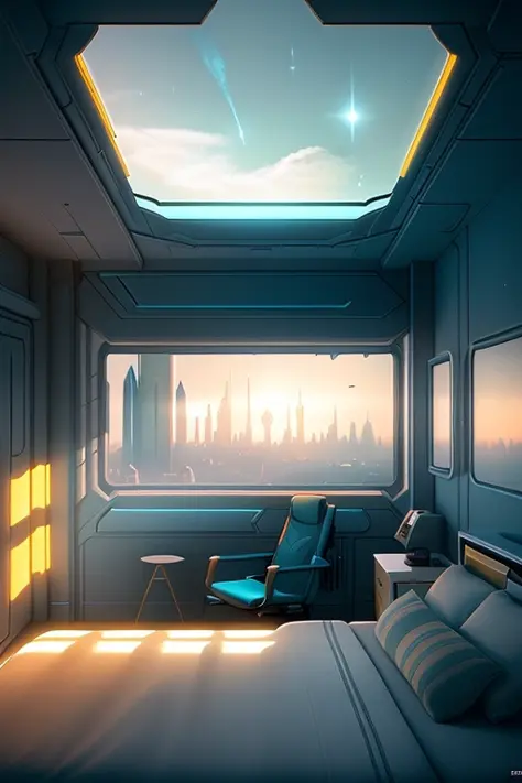 una hermosa pintura mate de ciencia ficción para dormitorio de john harris, Sparth y Greg Rutkowski. bordes afilados, azul tiffany, grey orange, blanco y dorado. Dormitorio de ciencia ficción en una base espacial., fuera de las ventanas un futuro horizonte de la ciudad, efecto de luz. ultra claro detallado, 3 días, renderizado de octanaje. 8K