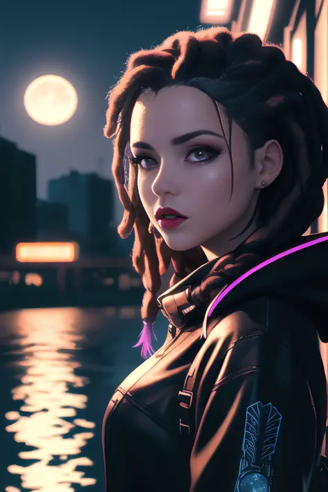 a girl is standing by the river,1girl,lipstick,neon lights,dreadlocks,night,moon in the sky,outstretched arm,cyberpunk,Looking a...