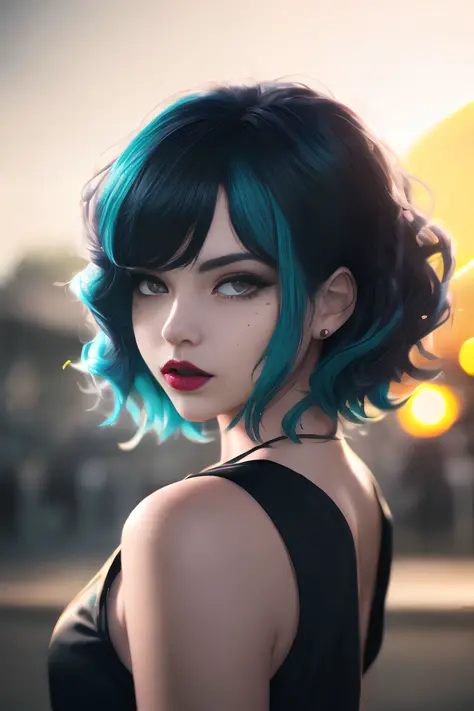 a girl is standing in the amusement park,1girl,lipstick,ldisheveled hair,,colored inner hair,mole under eye, shushing,{steam},Looking at Viewer,golden hour lighting,comic,atmospheric perspective,bokeh,detailed,Cinematic light, intricate detail, highres, detailed facial features, high detail, sharp focus, smooth, aesthetic, extremely detailed, stamp, octane render,{{{masterpiece}}}