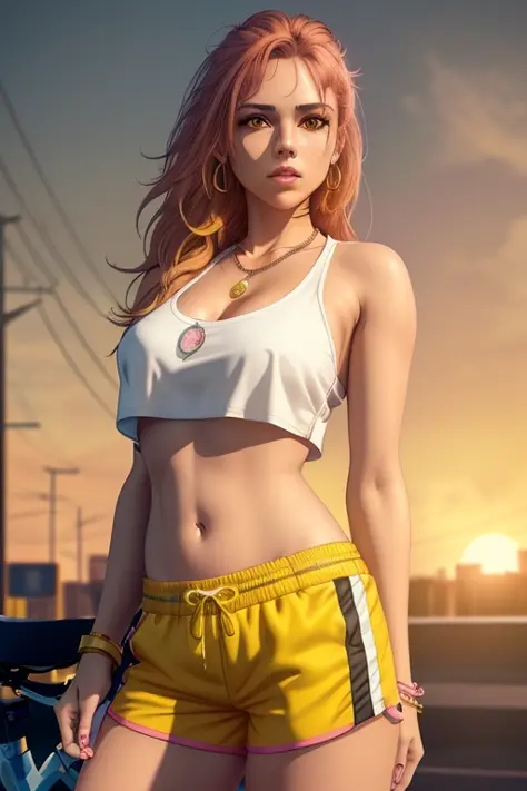 a woman in a white top and pink shorts is standing next to a bike with a yellow background and, by Quentin Tarantino, 1girl, bracelet, brown_hair, jewelry, letterboxed, lips, long_hair, makeup, medium_breasts, midriff, nail_polish, navel, necklace, nose, orange_sky, pink_shorts, realistic, shorts, solo, sun, sunset, tattoo,wristband, yellow_background, yellow_sky, beautiful detailed glow, detailed, Cinematic light, intricate detail, highres, detailed facial features, high detail, sharp focus, smooth, aesthetic, extremely detailed, stamp, octane render,