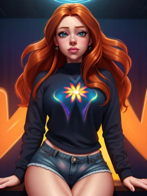 ((sfw)),, UHD, 8k, Ultra Detailed, cinematic portrait, thematic lighting, 
Ginger haired woman MissaX, holographic sweatshirt,  ...