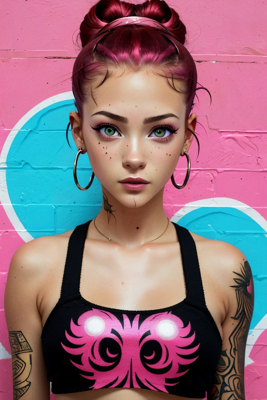 (street art style, urban, vibrant, stencil art, highly detailed:1.15), JamieDuff, focus on eyes, close up on face, wearing jewelry, light hot pink hair styled low bun, vignette