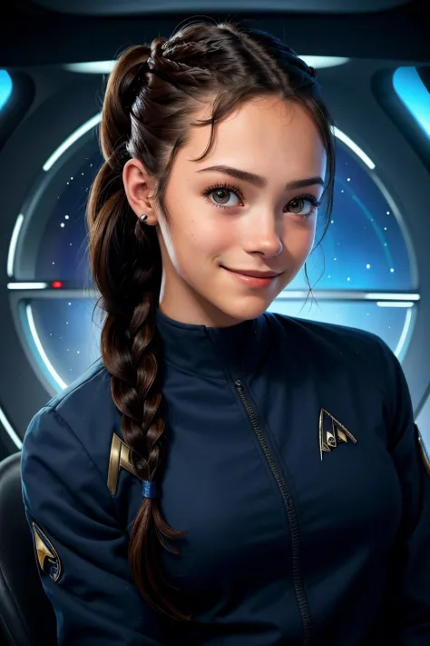 portrait photo of <lora:sd15_JamieDuff_v1:.9> JamieDuff, focus on smiling face, wearing a star trek uniform , her hair is styled...