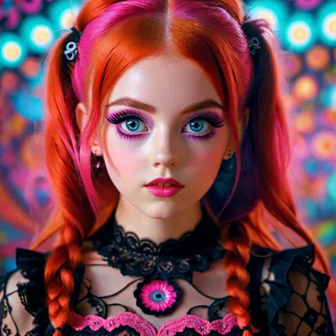 <lora:add-detail-xl:0.8> Petite long red haired girl with pigtails wearing black lace top with pink skirt,and psychedelic swirl background, perfect eyes, fullbody, perfect face,stunningly pretty, maxim, 128k, cinematic quality, voodoo,hyperrealism, sharpen, 1080p, Larry Carlson raw candid photo perfect eyes, perfect face (psychedelic lsd trip background 1.4), bright coloured fractals (Larry Carlson 1.3), , cinematic quality, cinematic lighting, voodoo, sinister,128k, hyper realistic, pastel colour palette,(mark ryden 1.3) <lora:bigeyes-xl-v1:0.8> big eyes, anime eyes   <lora:Dark_Futuristic_Circuit_Boards:0.8>  circuitboard, dark futuristic <lora:Larry Carlson Style:0.8> Larry Carlson Style page