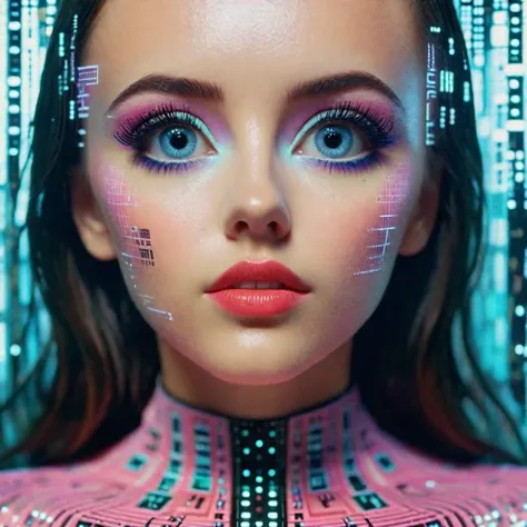 a woman with a pink makeup and a futuristic make up