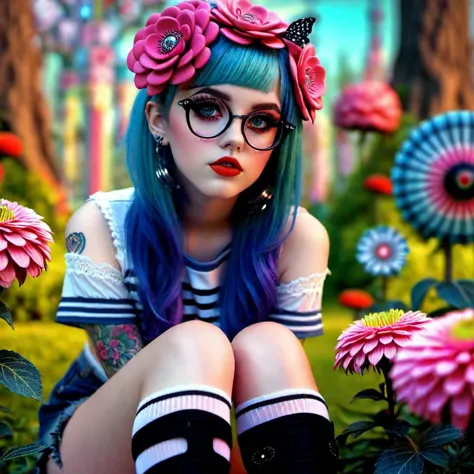 arafed girl with blue hair and glasses sitting in a garden of flowers