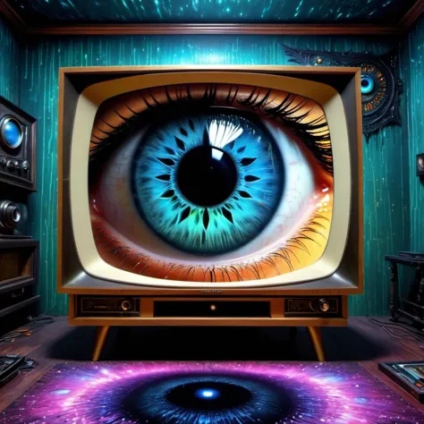 there is a television with a picture of an eye on it