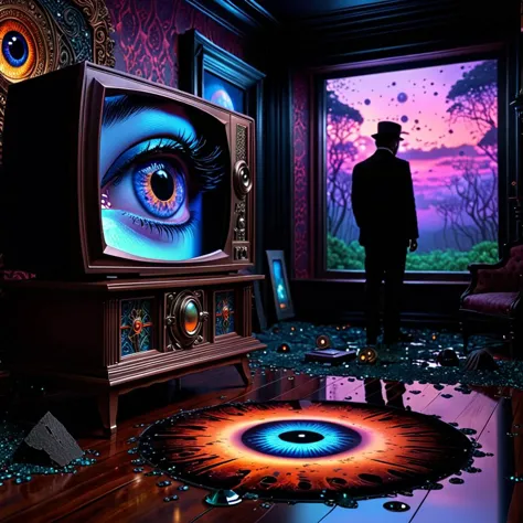 arafed image of a man standing in front of a tv with a blue eye