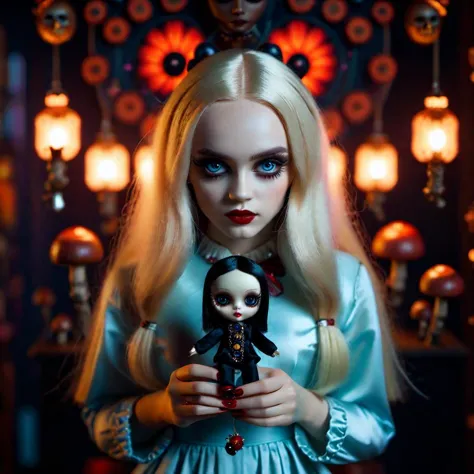 <lora:add-detail-xl:0.8> beautiful young norwegian gothic woman holding voodoo doll, in the style of Lsd magic mushrooms, Dollho...