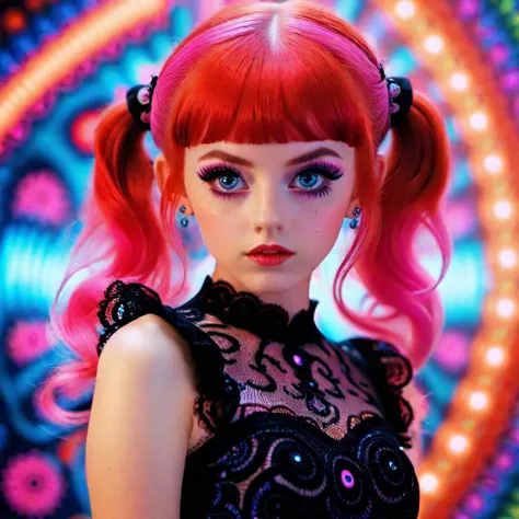 <lora:add-detail-xl:0.8> Petite long red haired girl with pigtails wearing black lace top with pink skirt,and psychedelic swirl background, perfect eyes, fullbody, perfect face,stunningly pretty, maxim, 128k, cinematic quality, voodoo,hyperrealism, sharpen, 1080p, Larry Carlson raw candid photo perfect eyes, perfect face (psychedelic lsd trip background 1.4), bright coloured fractals (Larry Carlson 1.3), , cinematic quality, cinematic lighting, voodoo, sinister,128k, hyper realistic, pastel colour palette,(mark ryden 1.3) <lora:bigeyes-xl-v1:0.8> big eyes, anime eyes   <lora:Dark_Futuristic_Circuit_Boards:0.8>  circuitboard, dark futuristic <lora:Larry Carlson Style:0.8> Larry Carlson Style page