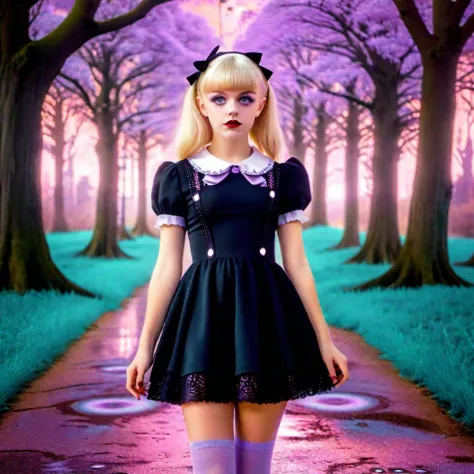 <lora:add-detail-xl:0.8> Petite blond girl wearing a short black lace dress with a lilac peter pan collar and white knee high socks and black mary jane shoes, selfie, poster, pastel colors, rudi giger, cinematic lighting, 3d, creepy, evil theme, ethereal, floral, ghostcore, gothic, paranormal, romantic, vaporwave, harlem renaissance, riverdale, sailor moon, bay and gable architecture, decora kei outfit, dumb blonde, raw candid photo perfect eyes, perfect face (psychedelic lsd trip background 1.4), bright coloured fractals (Larry Carlson 1.3), , cinematic quality, cinematic lighting, voodoo, sinister,128k, hyper realistic, pastel colour palette,(mark ryden 1.3) <lora:bigeyes-xl-v1:0.8> big eyes, anime eyes   <lora:Dark_Futuristic_Circuit_Boards:0.8>  circuitboard, dark futuristic <lora:Larry Carlson Style:0.8> Larry Carlson Style page