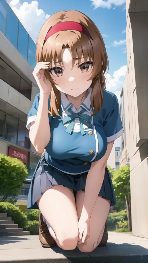 masterpiece, best quality, highres, BREAK, masterpiece, best quality, highres, BREAK
,regretful face,cyberpunk stair landing daytime, , beachy, fantasy theme, , , hands on knees,looking away, breasts,BREAK, <lora:takao-dfrag:0.8>, takao, school uniform,
,