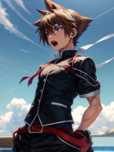 best quality, masterpiece, highres, detailed, perfect anatomy,  <lora:Detail - add_detail:0.2>,  OuendanCh, black uniform, headband, outdoors, fierce, pants, arms behind back, <lyco:Change - Ouendan:0.8>, Sora-KHII, brown hair, 1boy, spiked hair, blue eyes, shouting, <lora:Character - SoraKHII:0.6>, straight-on,