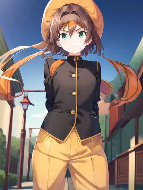 best quality, masterpiece, highres, detailed, perfect anatomy,  <lora:Detail - add_detail:0.2>,  OuendanCh, black uniform, headband, outdoors, fierce, pants, arms behind back, <lyco:Change - Ouendan:0.8>, HimiTomoki, big-orange-hat, green eyes, brown hair, 1boy, <lora:Character - HimiTomoki:0.7>