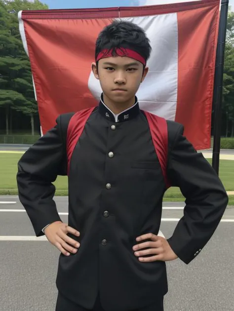 a man in a black suit and red tie standing in front of a flag