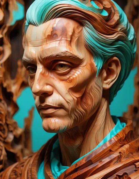 a close up of a statue of a man with blue hair