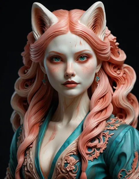 full length oil painting of Formal Alexandra Daddario as a translucent (artic fox spirit) , (full body) , detailed face, wearing Teal, Coral and Beige ral-wdtrng, Pigtails Magenta hair, Wet, elegant, hyperrealism, highly detailed, intricate detailed, volumetric lighting| Ukiyo-E, by Anne Stokes and Noriyoshi Ohrai, <lora:ral-wdtrng-sdxl:0.77>, creative, fabulous colors, highly decorated, stunning detail, dramatic, advanced cinematic perfect light