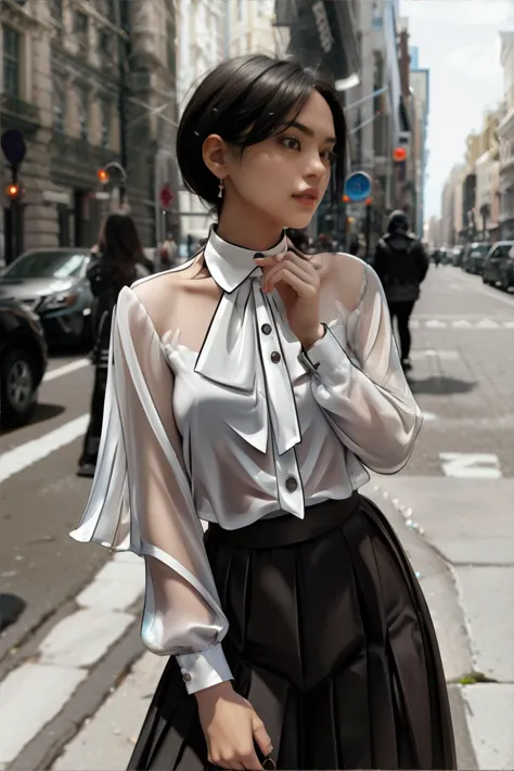 <lora:graphicalclothes:0.6>, graphic_cloth, woman wearing Pleated chiffon blouse with a high-neck collar || masterpiece, perfect quality, sharp focus, shallow depth of field, 8k