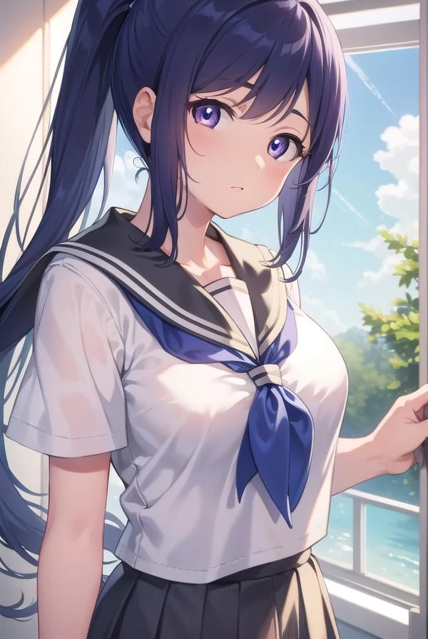 kananmatsuura, kanan matsuura, blue hair, long hair, ponytail, (purple eyes:1.1), sidelocks, (medium breast:1.2),
BREAK aqua neckerchief, grey sailor collar, grey skirt, miniskirt, neckerchief, pleated skirt, sailor collar, sailor shirt, school uniform, serafuku, shirt, skirt, summer uniform, uranohoshi , white shirt,
BREAK looking at viewer, 
BREAK indoors, classroom,
BREAK (masterpiece:1.2), best quality, high resolution, unity 8k wallpaper, (illustration:0.8), (beautiful detailed eyes:1.6), extremely detailed face, perfect lighting, extremely detailed CG, (perfect hands, perfect anatomy),