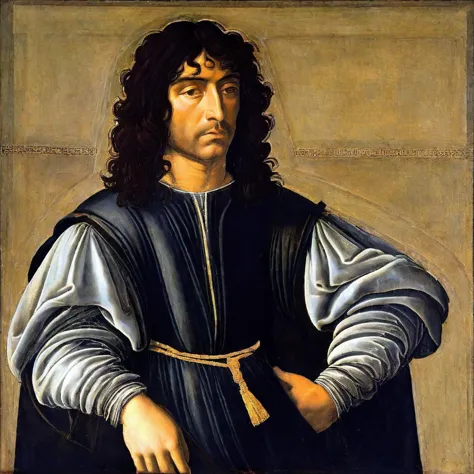 <lora:huixin10:1.0>,
Renaissance, Botticelli, portrait, male, dark clothing, serious expression, long dark hair, Renaissance style, chiaroscuro lighting, oil painting, 15th century, Italian Renaissance, Florentine school, Sandro Botticelli, introspective, pensive, contemplative, somber, classical, old master, figurative art, (((masterpiece))),(((best quality))),((ultra-detailed))