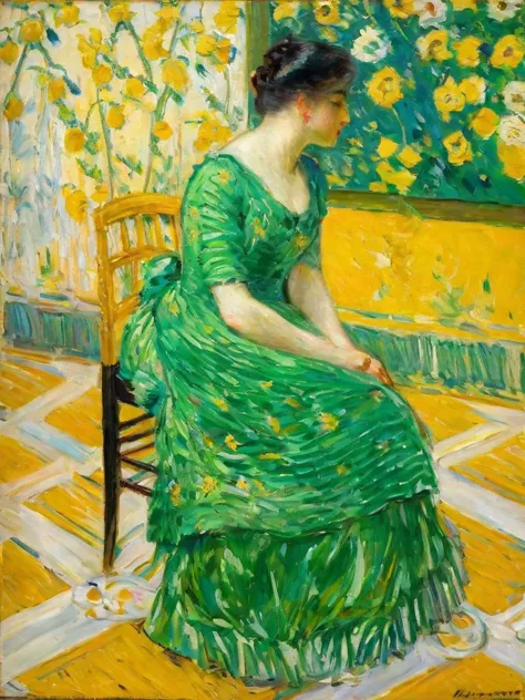 <lora:huixin10-000010:1.0>,
Impressionism,Hassam,oil painting,woman,green dress,floral pattern,yellow background,birds,flowers,vase,chair,interior scene,impressionist style,early 20th century,, (((masterpiece))),(((best quality))),((ultra-detailed))