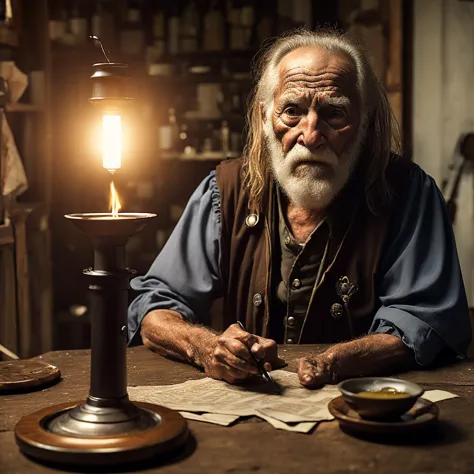 rembrandt oil painting of  Old pirate. grizzled, rugged, dirty and worn red bandana, weathered skin, leather vest, grey stringy hair, dirty hair, white shirt, bad teeth, a couple missing teeth, in a seventeenth century seaside tavern, dark tavern, seedy tavern, in a whaling town in New england, (an oil lamp on the table provides the only light, (the pirate is telling a story:1.1),  chiaroscuro lighting,  dynamic lighting, heavy shadows, one of his eyes was damaged in an old fightn OverallDetail , <lora:HuixincosmicAllInOne_sd15V10:1>