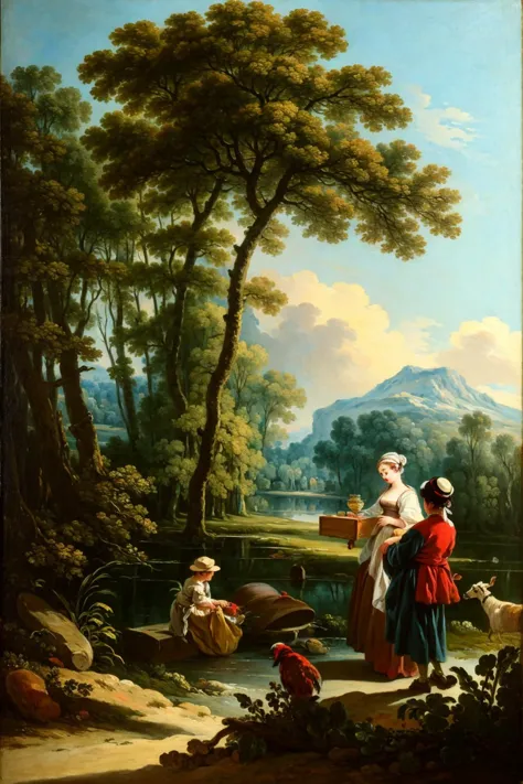 a painting of a woman and two children in a wooded landscape