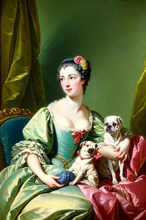 Rococo, Boucher,
The image showcases a young woman from what appears to be the 18th century, adorned in a lavish dress with intricate details and ruffles. She holds a small pug dog in her lap, which is dressed in a blue ribbon. The woman's expression is calm and serene, and she is gazing to the side. The artistic style is reminiscent of European portraiture from the Rococo or Baroque era, characterized by its detailed and ornate depictions. The image quality is high, capturing the nuances of the woman's features and the texture of her dress. The color tone is warm, with a dominant greenish-yellow background., (((masterpiece))),(((bestÂ quality))),((ultra-detailed))