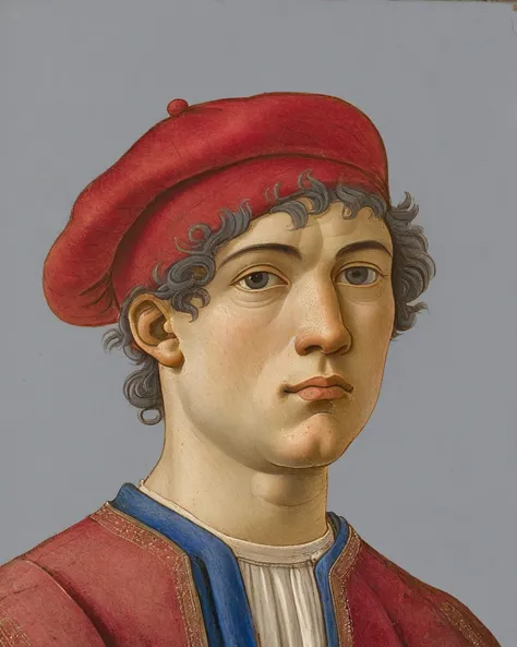 a close up of a painting of a man wearing a red hat