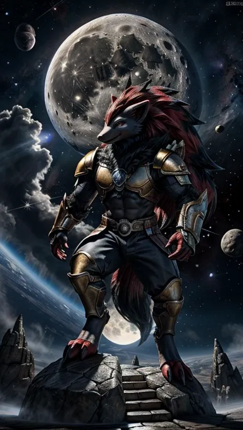 a muscular anthro black wolf wearing milky way battle armor, standing in dark throne room, an oversized full moon in the background, a outer space, soul scene, attentive detail, dynamic action pose, mind-blowing detail, a fantasy image, full length portrai...