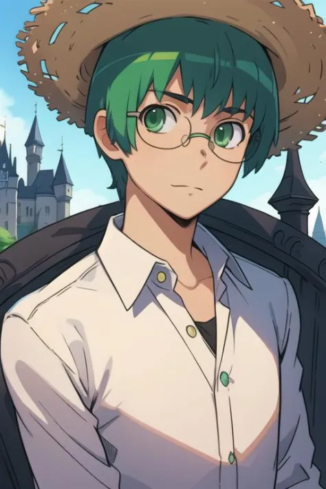 masterpiece, best quality, illustration, 1boy, solo, male focus, looking at viewer, upper body, depth of field, <lora:yuusaku_kitamura:0.70>, yuusaku_kitamura, green hair, green eyes, short hair, glasses, , straw hat, The Castle of Shadows, Blu-ray