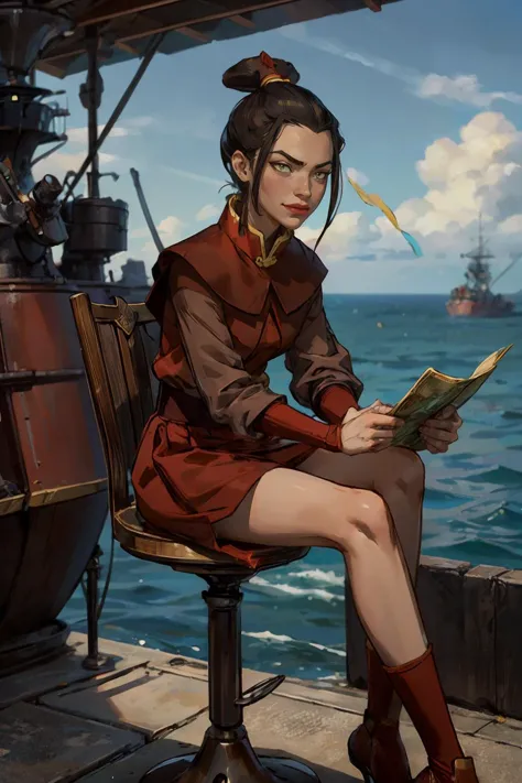 azula,yellow eyes, topknot, black hair, ponytail, red lipstick, red clothes, looking serious, smirk, sitting, on stool, holding a map, outside,on battleship, ocean, sunny, high quality, masterpiece, <lora:Azula:.8>