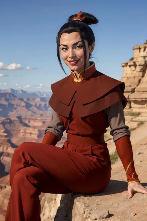 azula,yellow eyes, topknot, black hair, ponytail, red lipstick, red clothes, pants, long sleeves, looking at viewer, serious, smiling, sitting, on rock, legs crossed, outside, canyon, dirt, mountain, blue sky, high quality, masterpiece, <lora:Azula:.8>