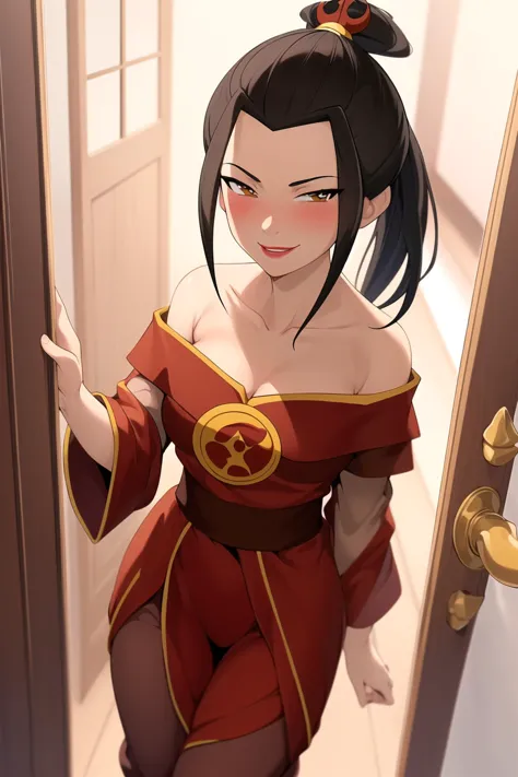 masterpiece, best quality, chromatic aberration, Intricate, High Detail, Sharp focus, 1girl, solo, standing, medium breasts, doorway, smile, looking at viewer, pov, blush, Off-shoulder blouse and capri pants , azula, lipstick, makeup, ponytail, topknot