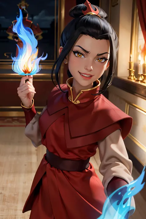 azula, yellow eyes, black hair, top knot, red clothes, looking at viewer, serious, evil grin, standing, palace room, blue colored fire, high quality, masterpiece,  