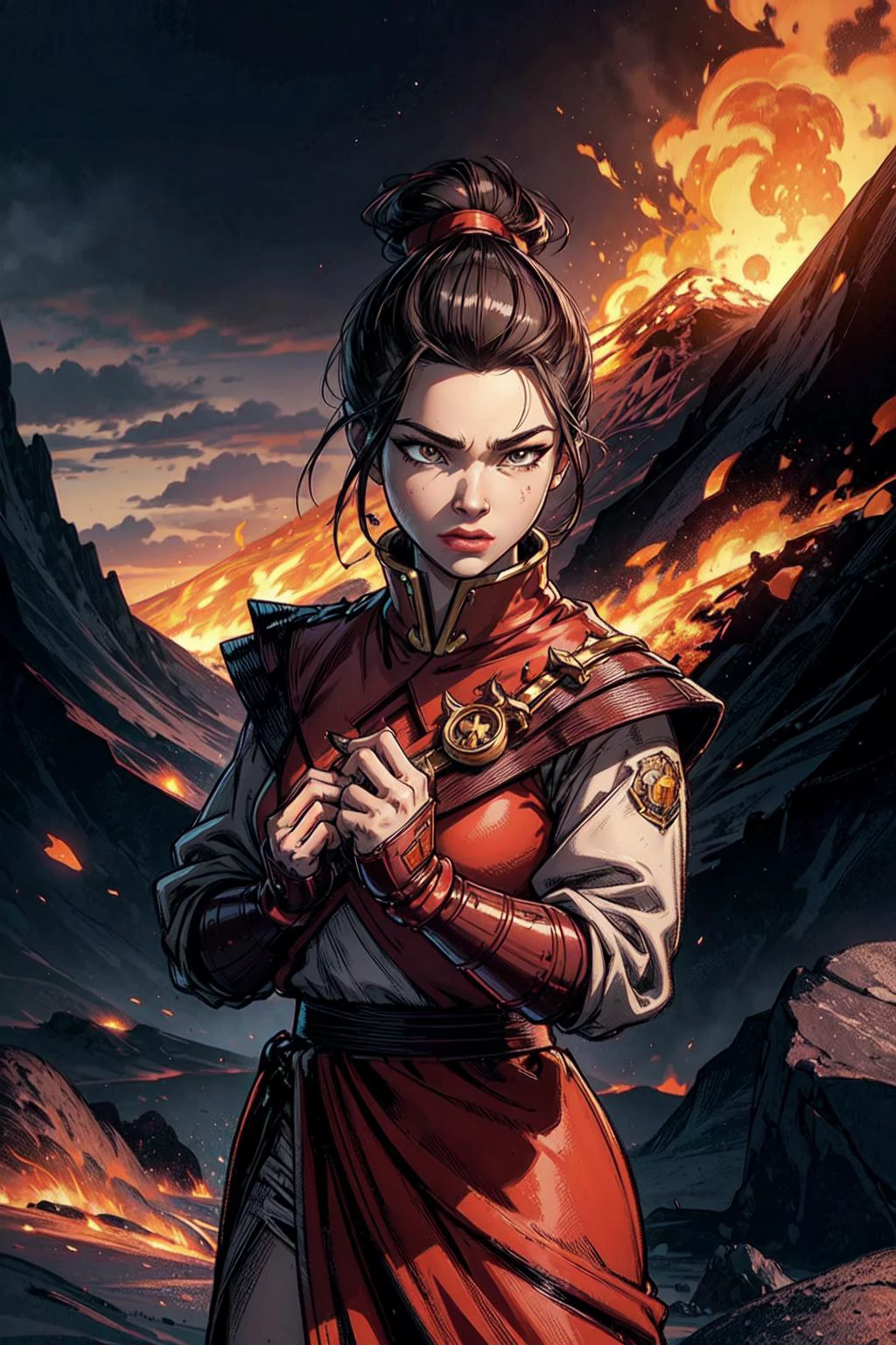 thick outlines, comics, photorealistic, perfect hands, masterpiece:1.2, colorful, volcanic mountain, fire, 1 girl, solo, dynamic pose, standing, lipstick, makeup, ponytail, topknot, small breast, detailed background, detailed face, detailed eyes, 