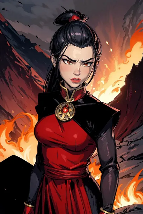 thick outlines, comics, photorealistic, perfect hands, masterpiece:1.2, colorful, volcanic mountain, fire, 1 girl, solo, black hair, red dress, dress, long sleeves, gloves, black pants, lipstick, makeup, ponytail, topknot, small breast, detailed background, detailed face, detailed eyes, 