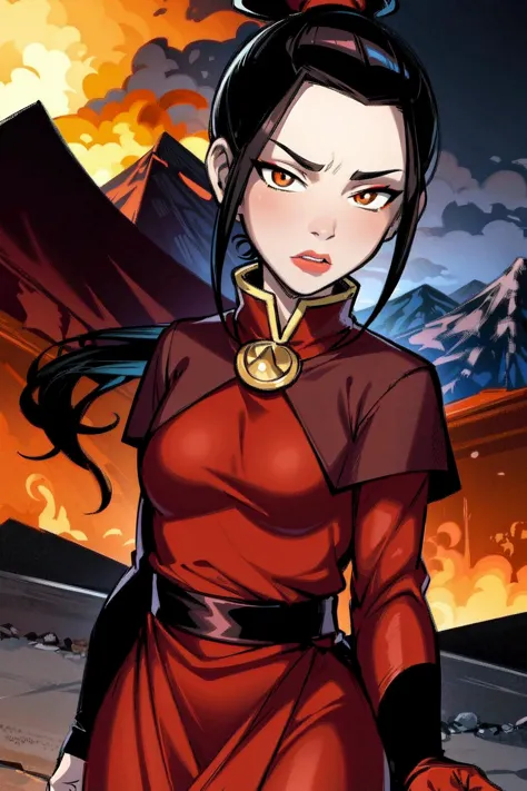 thick outlines, comics, photorealistic, perfect hands, masterpiece:1.2, colorful, volcanic mountain, fire, 1 girl, solo, black hair, red dress, dress, long sleeves, gloves, black pants, lipstick, makeup, ponytail, topknot, small breast, detailed background, detailed face, detailed eyes, 