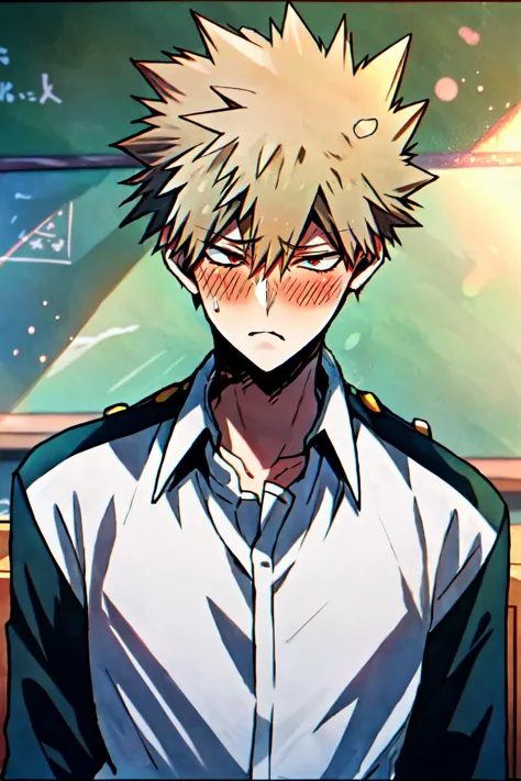 <dc_Look away, Averted his gaze, Guilt:0>,standing,looking away,embarrassed,<lora:shy:1>,
masterpiece,best_quality,detailed face,1boy,solo,bakugou katsuki,<lora:BakugouKatsukiV1:0.8>, school uniform, classroom